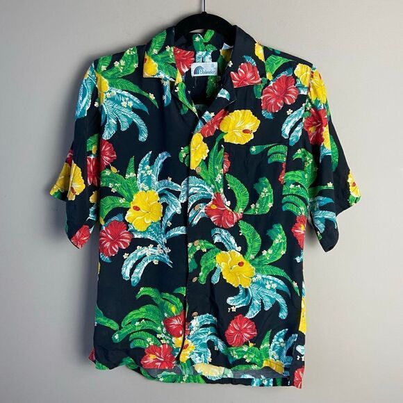 Vtg 80s Islander Hawaiian Men's Short Sleeved Shirt Tropical Hibiscus Flowers Bu - Picture 1 of 5